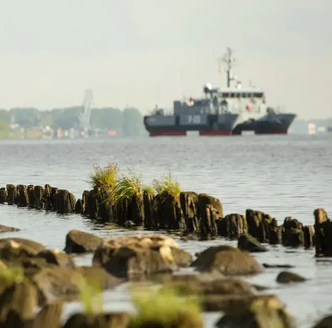 A NATO Standing Maritime Group One (SNMG1) naval vessel in the background, with a natural shoreline in the foreground featuring ducks, rocks, and wooden breakwaters partially submerged in water.